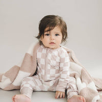 Lucky Panda Kids - Bamboo Zip Romper | Latte Checkered