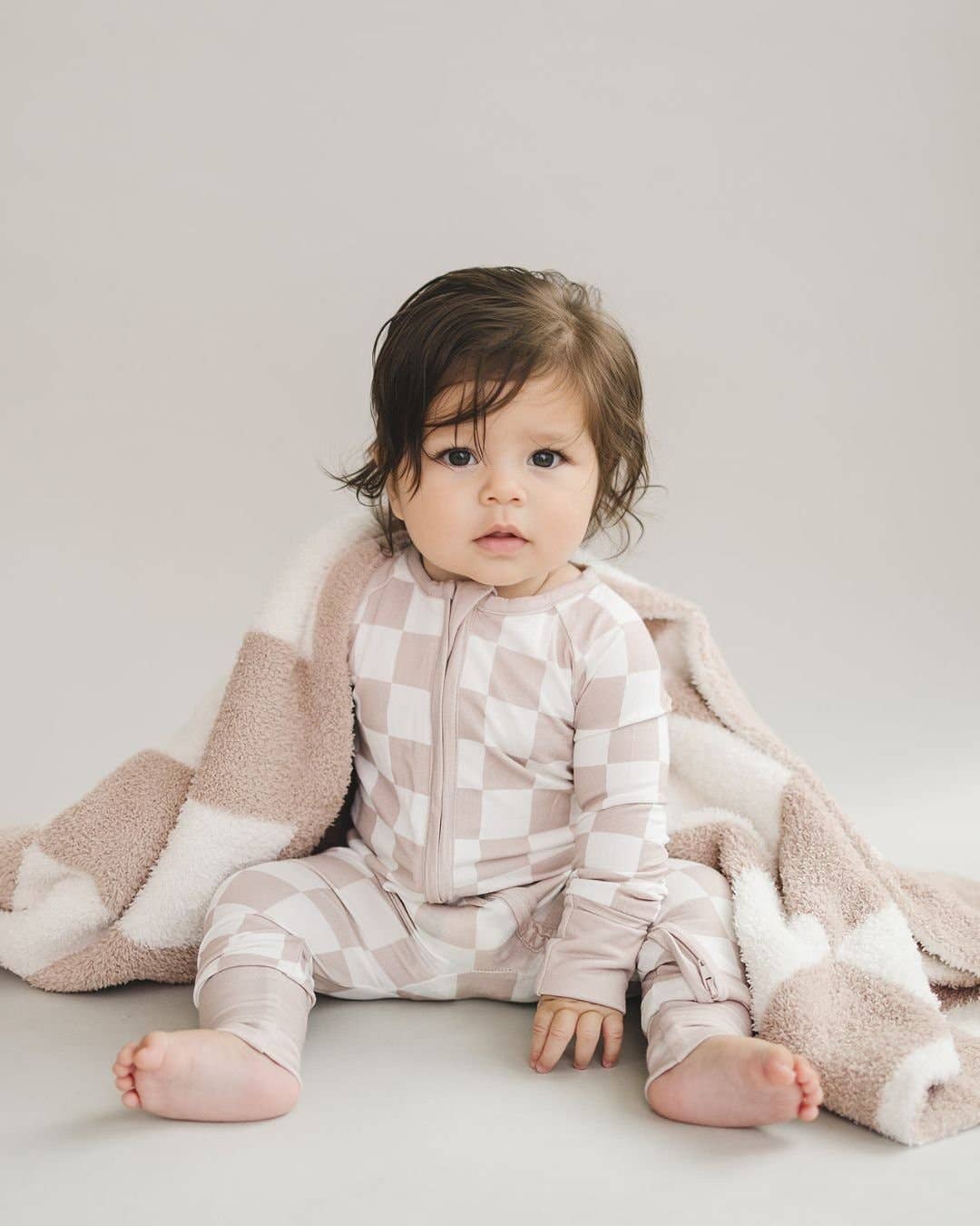 Lucky Panda Kids - Bamboo Zip Romper | Latte Checkered