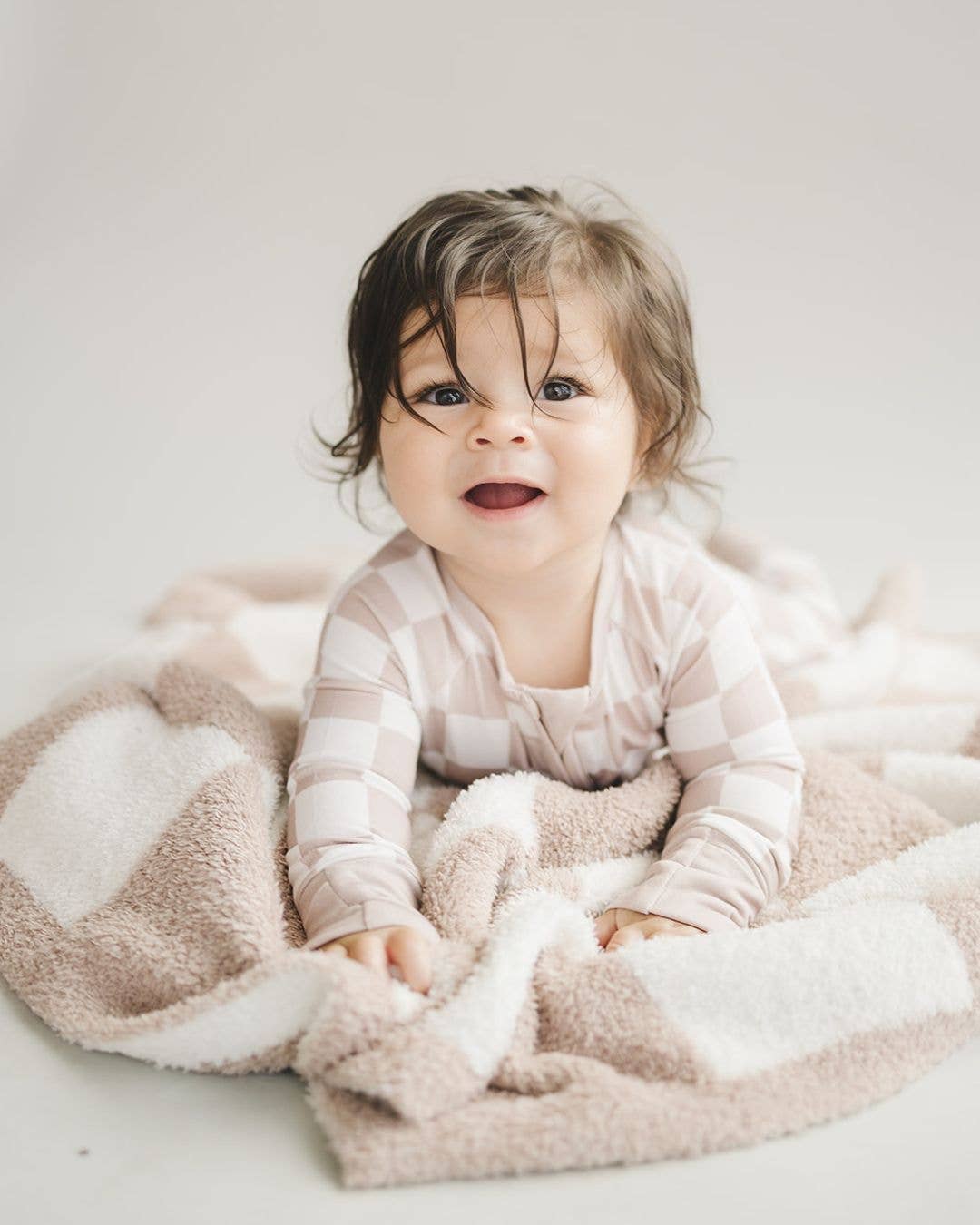 Lucky Panda Kids - Bamboo Zip Romper | Latte Checkered