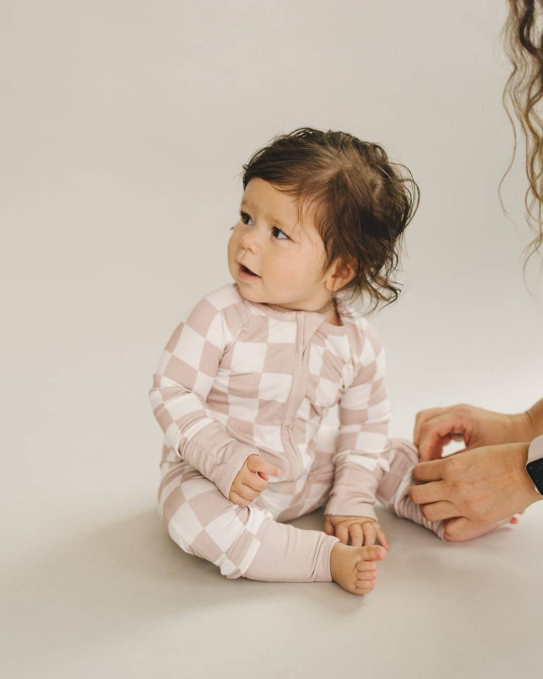 Lucky Panda Kids - Bamboo Zip Romper | Latte Checkered