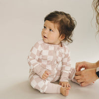 Lucky Panda Kids - Bamboo Zip Romper | Latte Checkered