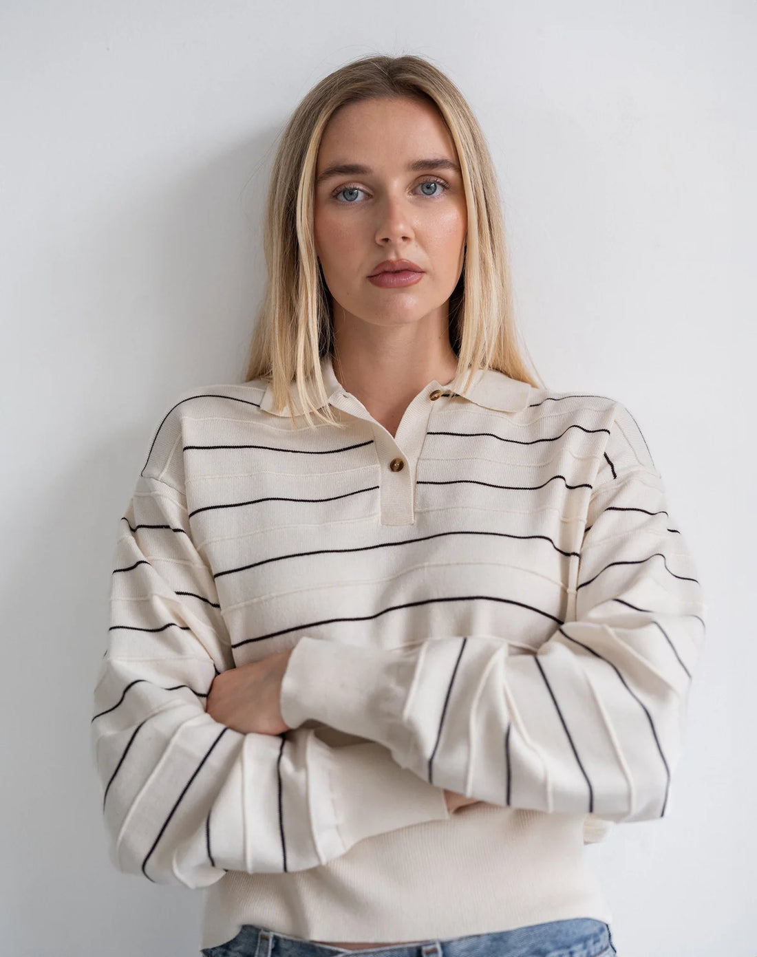 Knit Polo Shirt Cream with Black Stripe