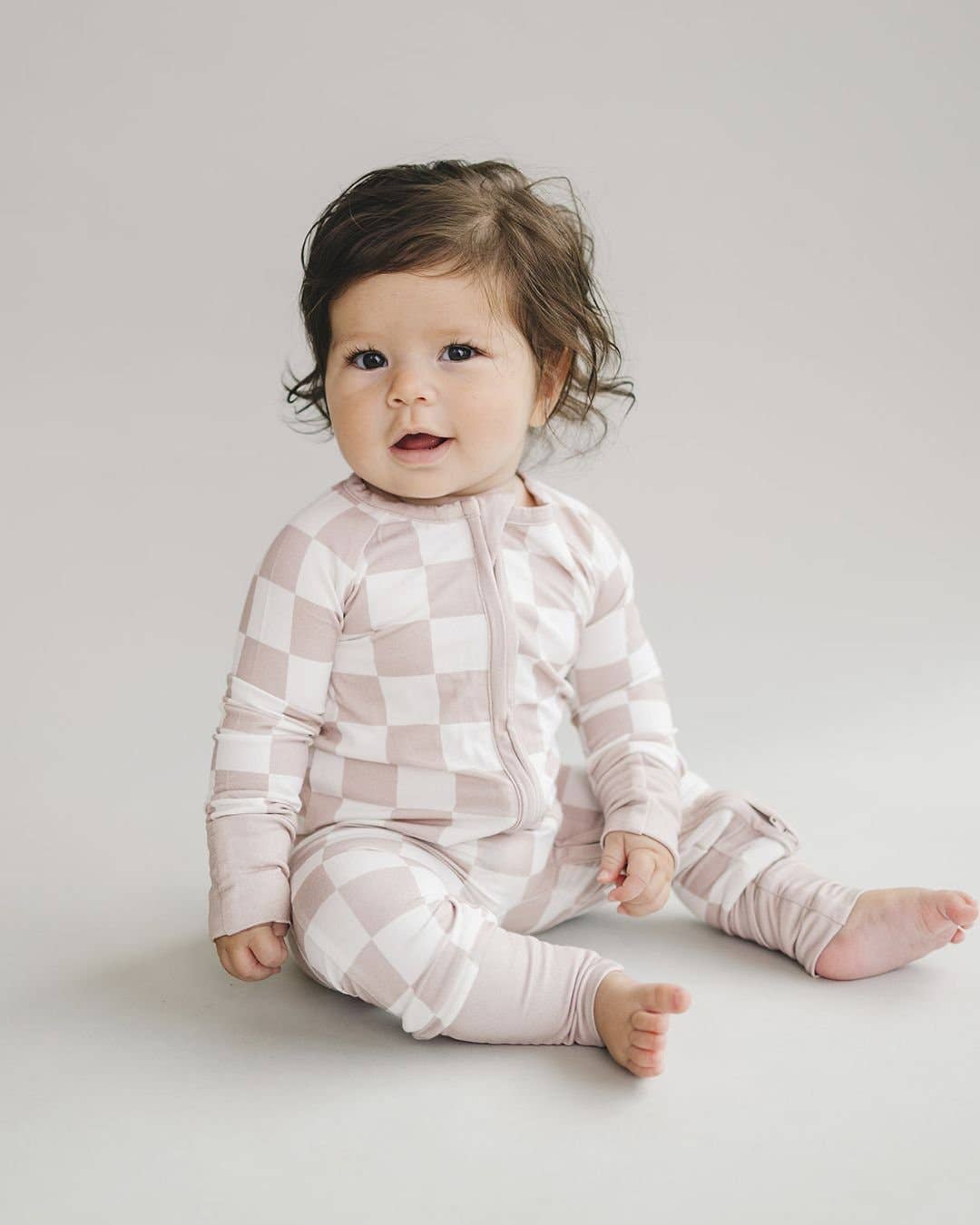 Lucky Panda Kids - Bamboo Zip Romper | Latte Checkered