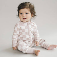 Lucky Panda Kids - Bamboo Zip Romper | Latte Checkered
